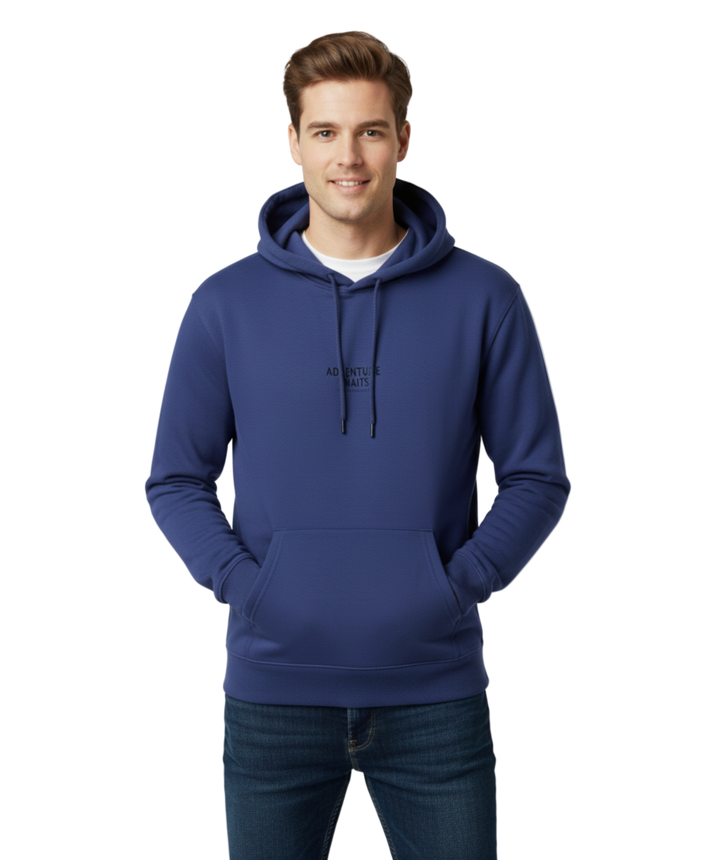 Man wearing a blue hoodie with a logo on a white background