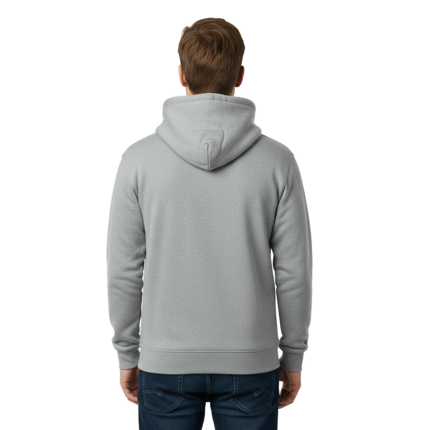 Person wearing a gray hoodie from behind on a white background