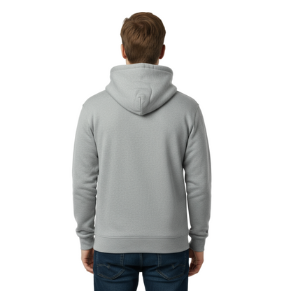 Person wearing a gray hoodie from behind on a white background
