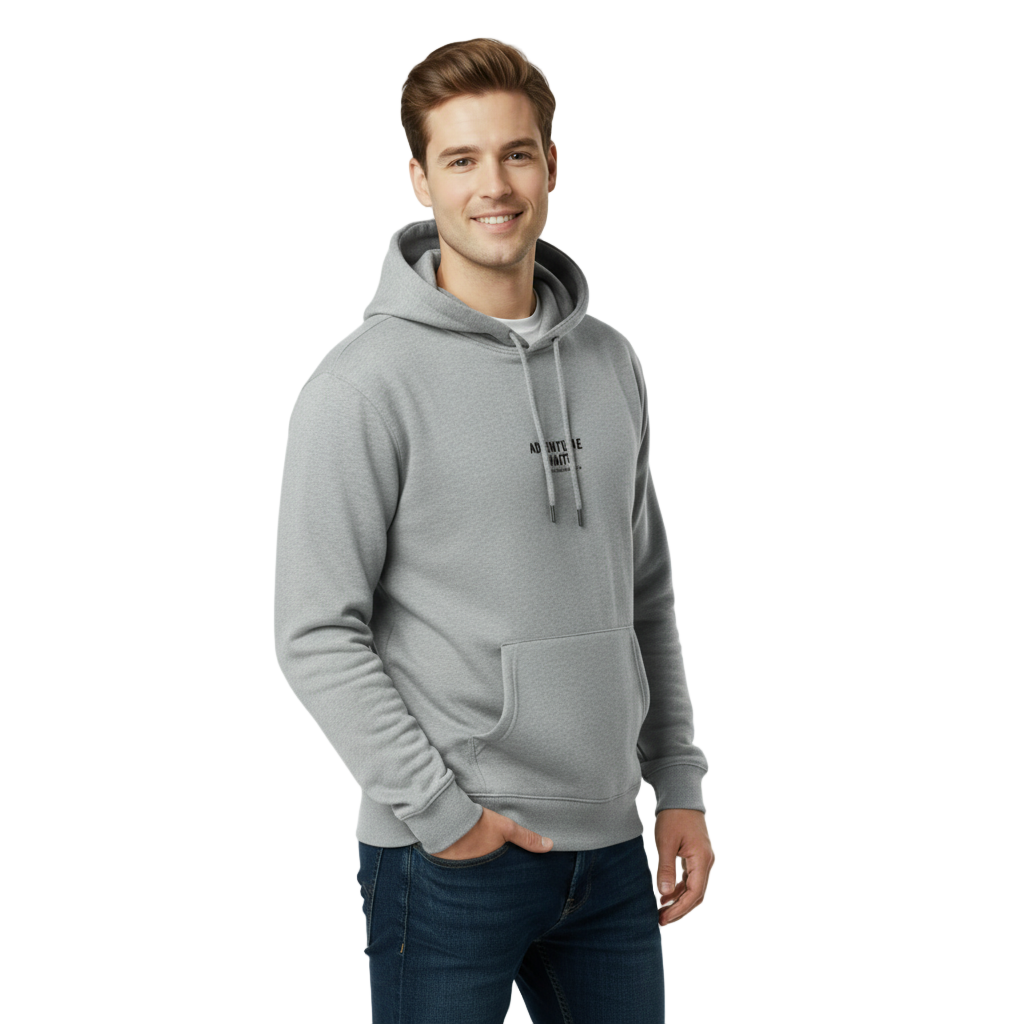 Man wearing a gray hoodie with text on a light gray background