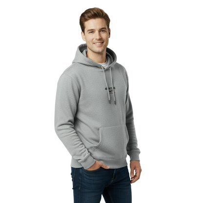 Man wearing a gray hoodie with text on a light gray background