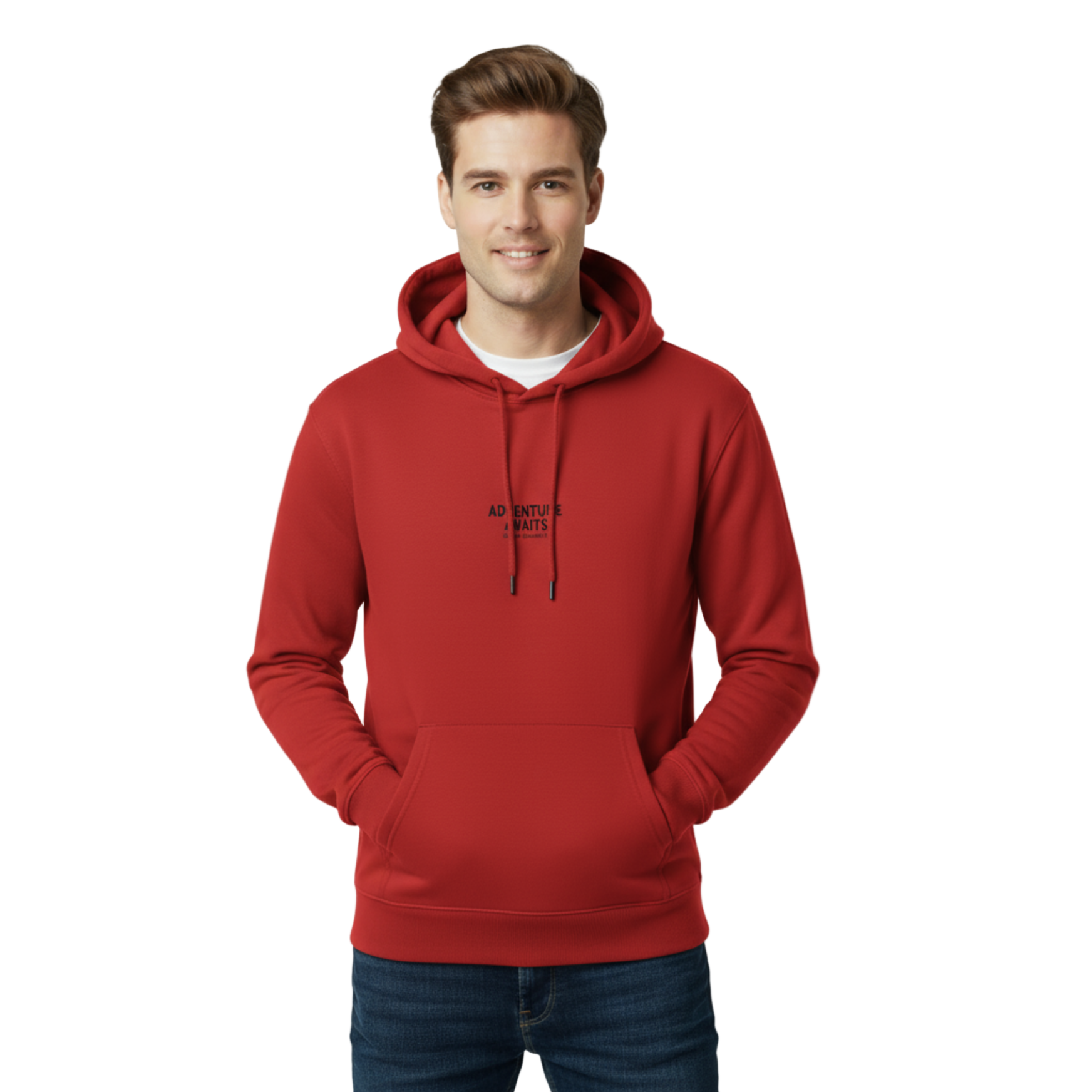 Man wearing a red hoodie with text on a white background